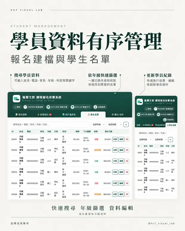 風閣文教報名收費系統 報名建檔與學生名單